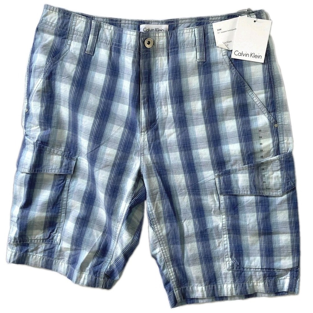 Calvin Klein Cargo Shorts Mens 33 Blue Plaid Casual Pockets 11" Inseam NWT